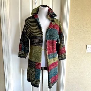 ADORA women Southwest Artisan Open Front Hooded Long Duster Cardigan Sweater S/M